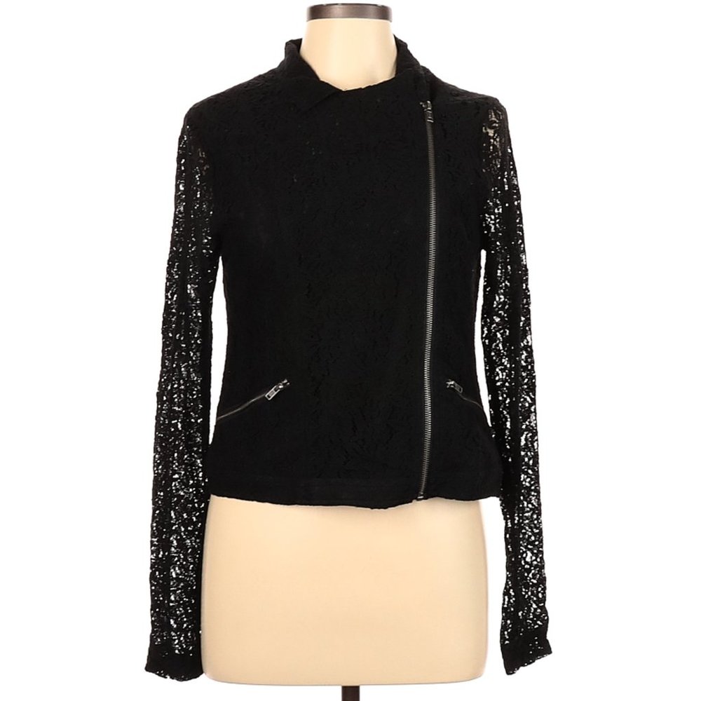 Black Floral Lace Asymmetrical Side Zip Jacket - Medium or Juniors' Large